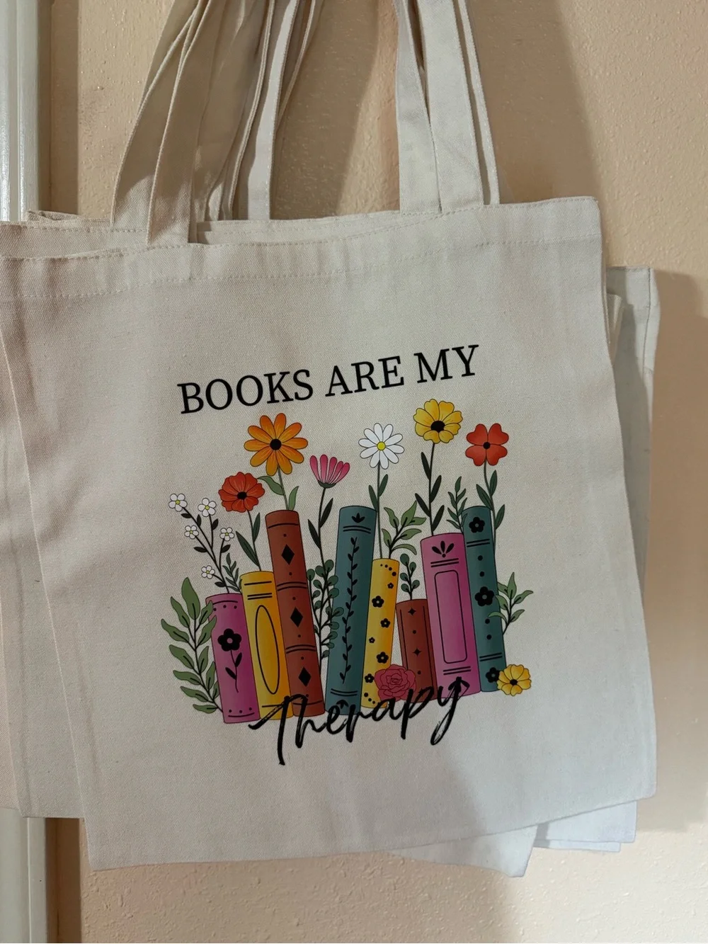 Canvas Tote Bag with Floral Book Print - Cream - Picture 1 of 1